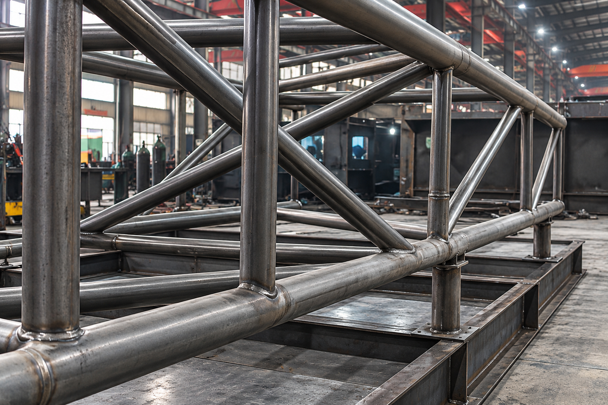 Fabricated metal frame assembly in a workshop