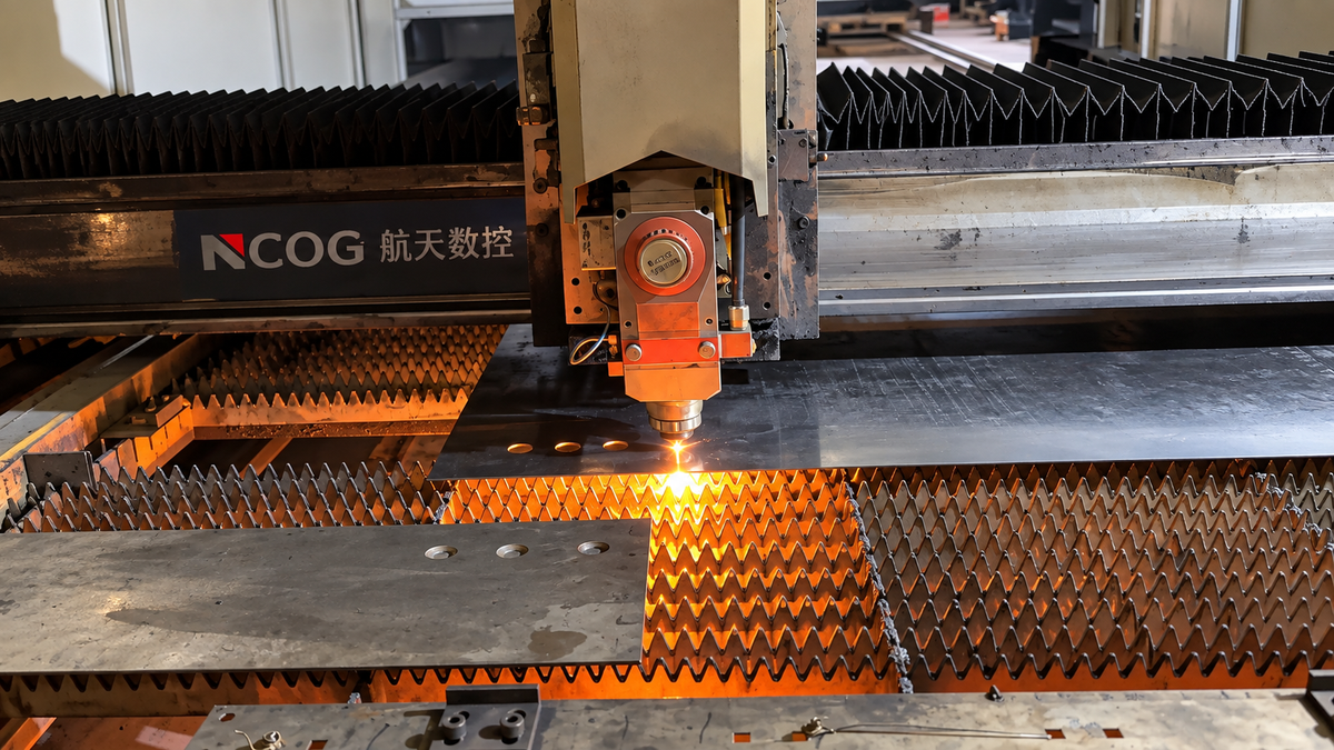 Cutting head processing steel plate on an industrial cutting table