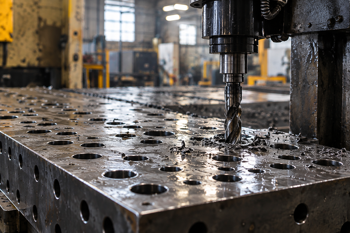 Drilling holes in a thick steel component