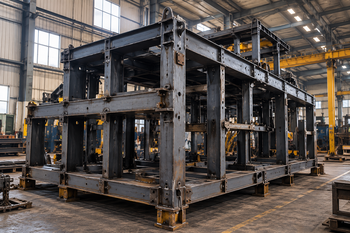 Large fabricated steel frame assembly on workshop supports