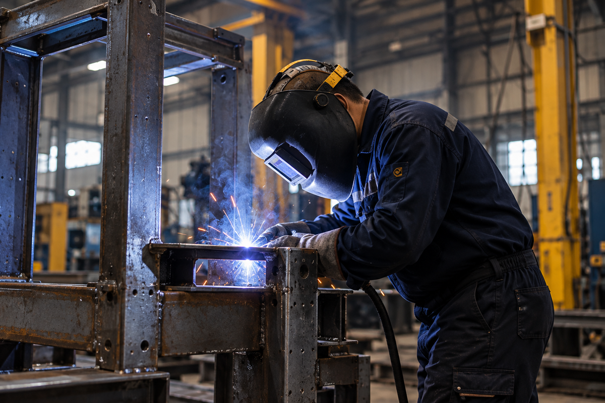 Welder joining steel components in a workshop