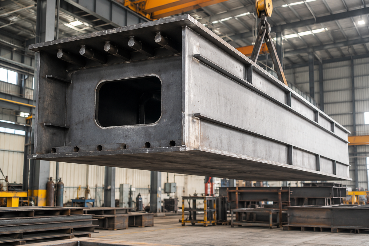 Large fabricated steel assembly suspended by an overhead crane in a workshop