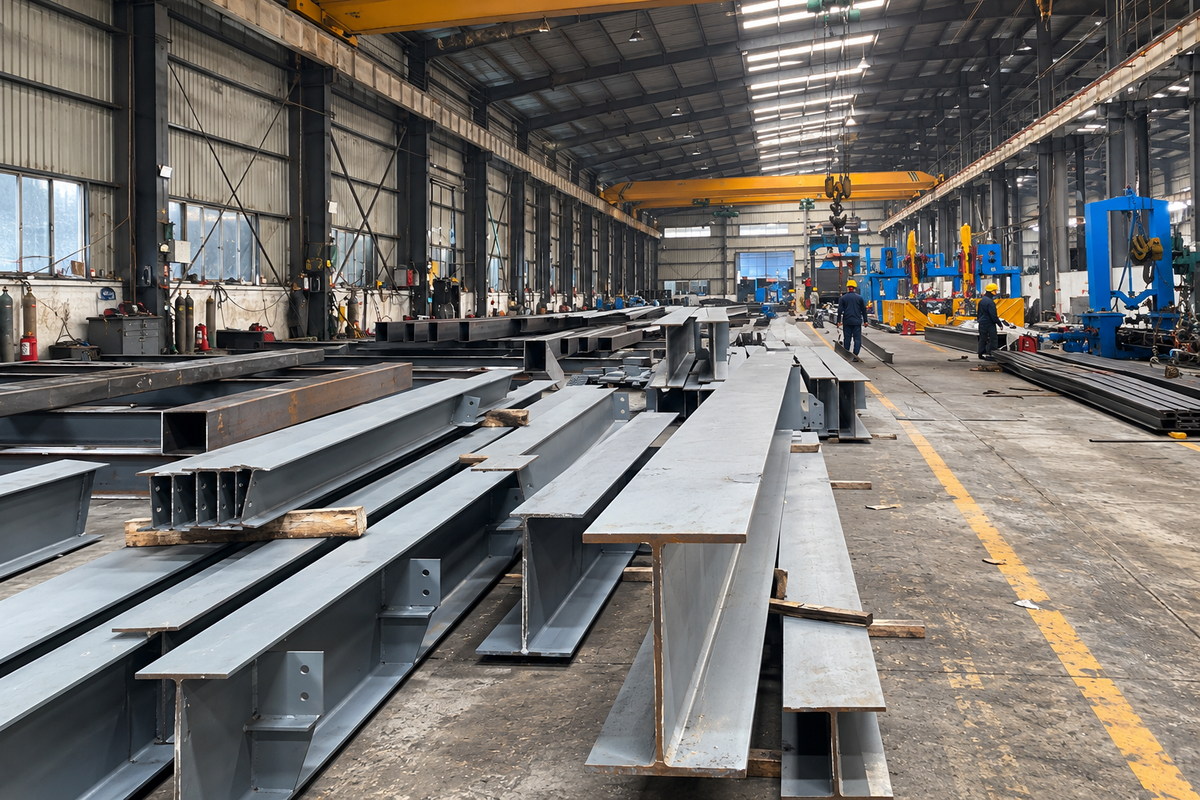 Steel beams and fabricated sections arranged in a metalworking workshop