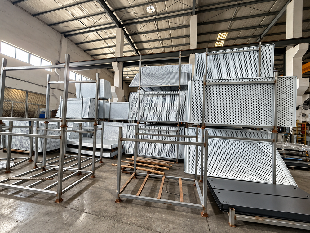 Perforated metal panels and frames arranged in a workshop