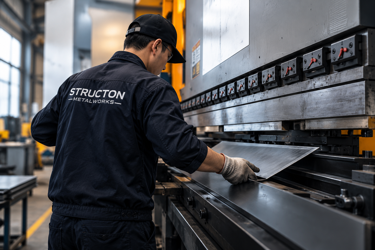 Structon Metalworks operator bending sheet metal with a press brake