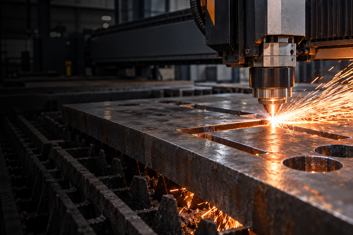 Laser cutting a steel plate with sparks at the cutting head