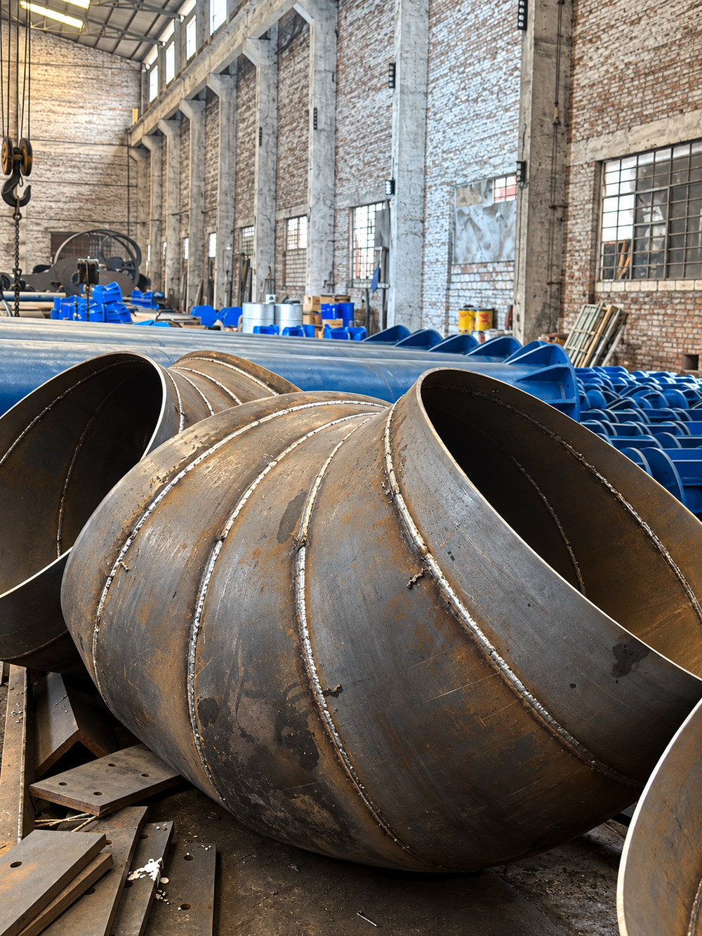 Large segmented steel pipe elbows with welded seams in a workshop