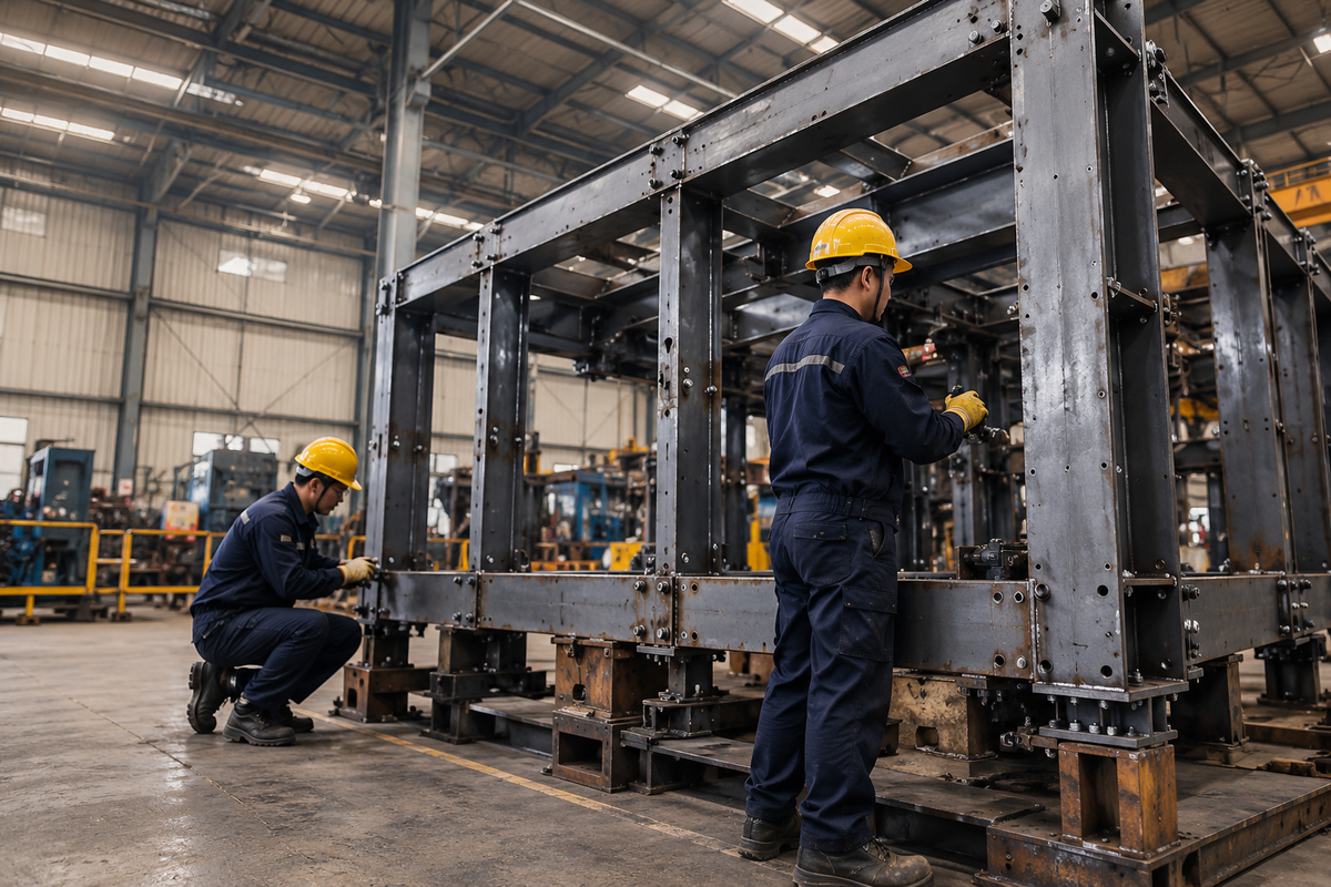 Workshop team fitting components into a large steel assembly