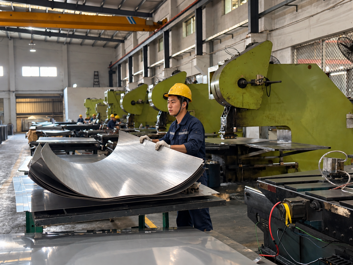 Operator handling a curved metal sheet at a forming station