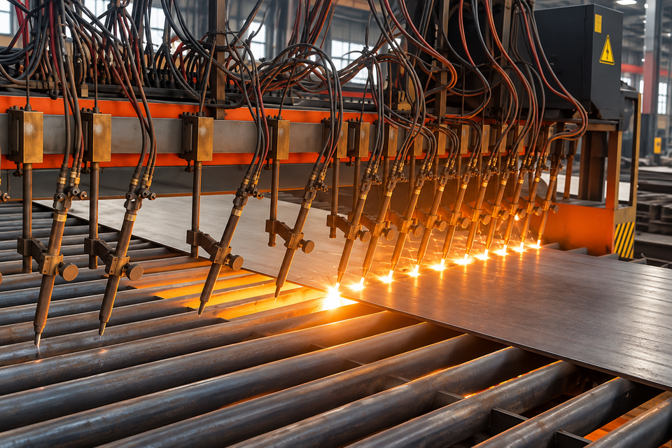 Multiple cutting torches processing steel plate for custom fabrication