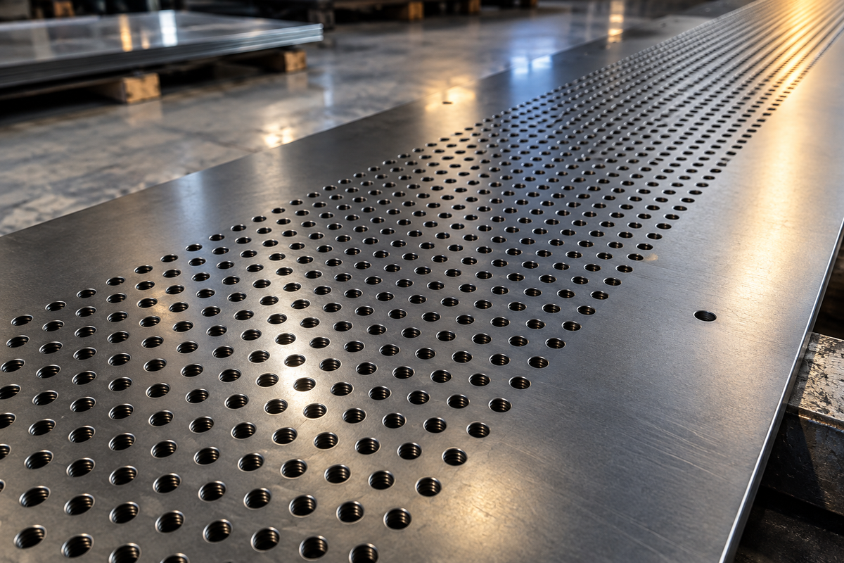 Metal plate with a repeated pattern of drilled holes