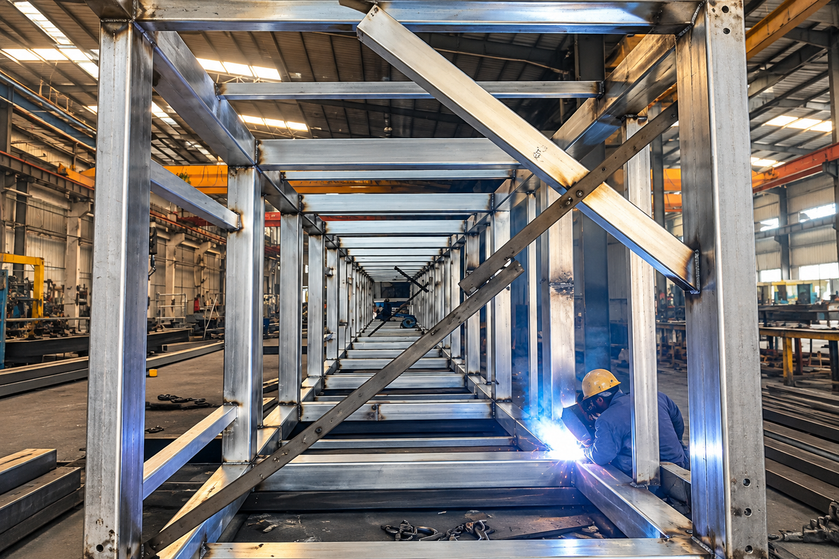 Steel frame with cross-bracing being welded in a workshop