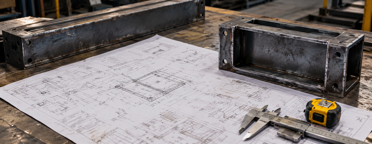 Fabrication drawing, measuring tools and steel components on a workbench