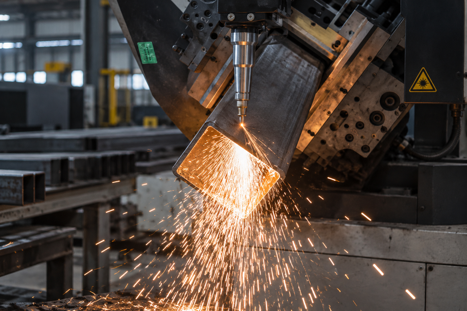 Laser cutting a steel section with sparks