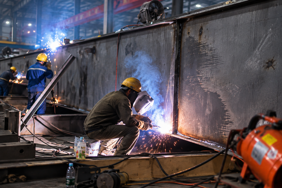 Welding metal components in a fabrication workshop